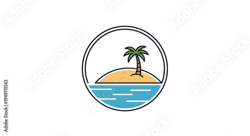 Simple tropical island with palm tree in blue ocean circle