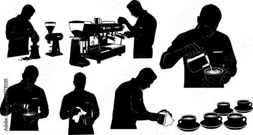 Professional people silhouettes showing coffee making and barista work. Black human figures preparing drinks in cafe service activities