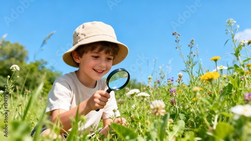 Child exploring flowers with magnifying glass