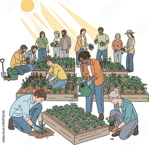 Diverse group of people actively engaged in community gardening activities.