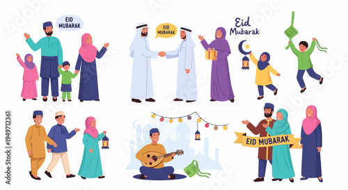 Set of illustrations showing Muslim families and individuals celebrating Eid Mubarak with traditional clothing, decorations, and greetings on a white background.