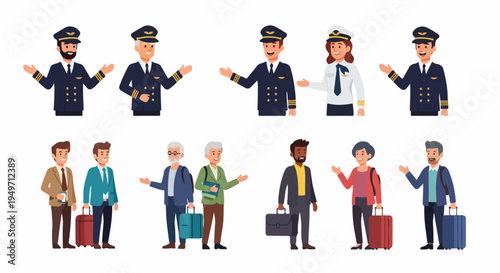 Vector Illustration of Diverse Airline Crew Members and Travelers with Luggage Representing Air Travel and Aviation Professionals