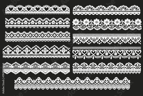 White Lace Border Patterns Vector Set: Seamless Edge Elements with Vintage Floral and Heart Designs, Decorative Needlework Ribbons for Wedding Invitations, Crafting, and Traditional Folk Art Style.