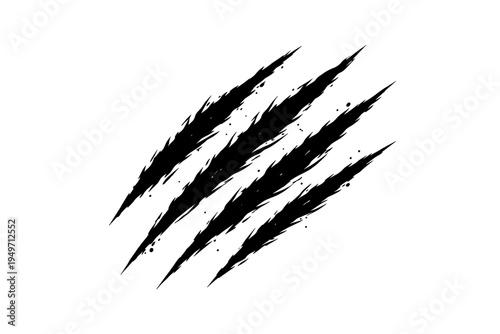 Black Claw Scratch Marks Vector Illustration with Four Aggressive Jagged Rips and Splatter Effects, Perfect for Wild Animal Attack Themes, Horror, Sports Team Logos, and Edgy Graphic Design Assets.
