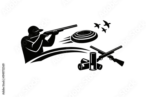 Skeet Shooting Emblem with Silhouette of a Hunter Aiming a Shotgun at a Clay Pigeon Target, Including Crossed Rifles, Ammunition Shells, and Flying Birds for Sports Club Logo and Graphic Design