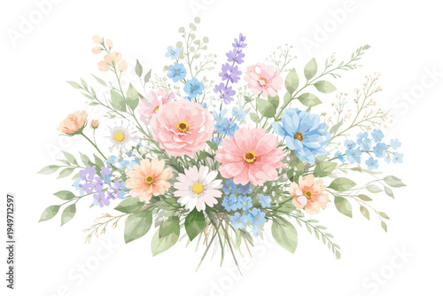 Watercolor wildflower bouquet with delicate blooms and green foliage. Spring garden florals in soft pastel colors featuring pink zinnias, white daisies, blue forget-me-nots, and lavender vector art.