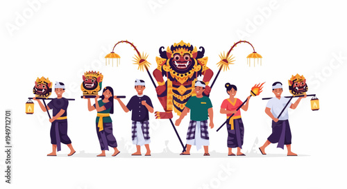 Illustration of Balinese People Celebrating Nyepi Festival with Ogoh-ogoh Parade, Traditional Costumes, and Ritual Artifacts on a White Background