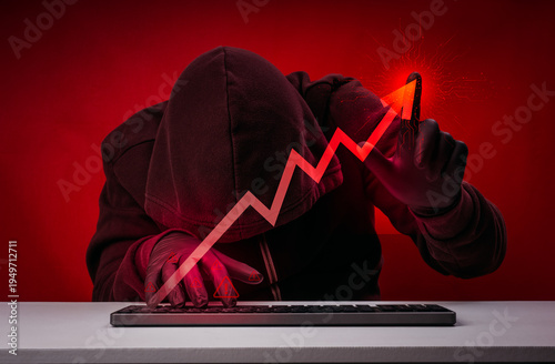 AI-powered fraud and cybercrime growth concept with hooded hacker drawing rising graph, representing scam sophistication increasing, digital threat escalation, financial fraud risk and cybersecurity.