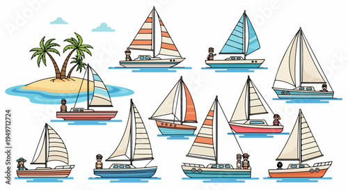 Collection of cartoon sailboat illustrations with people sailing near a tropical island with palm trees, set on a white background.