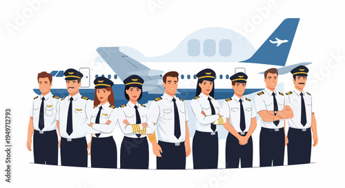Diverse group of male and female pilots in uniform standing confidently in front of a commercial airplane illustration representing the aviation and airline industry.