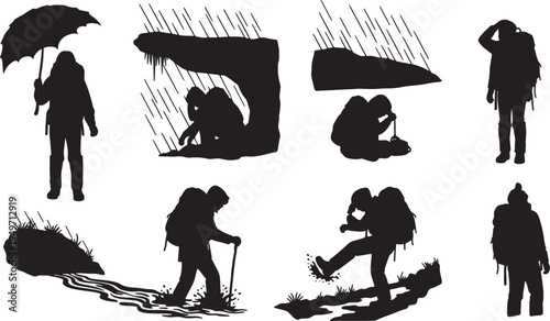 Black Solid Explorer Silhouettes in a Jungle Rainstorm Set of Six