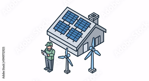 Isometric illustration of a house with solar panels and wind turbines, representing renewable energy and sustainability.