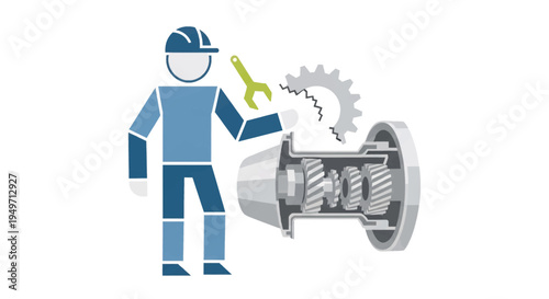 Mechanic worker in hard hat inspecting gearbox gears and mechanical components with wrench, industrial engineering concept illustration