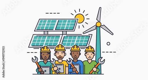 Diverse team of renewable energy workers with solar panels and wind turbine, symbolizing green technology and sustainability efforts.