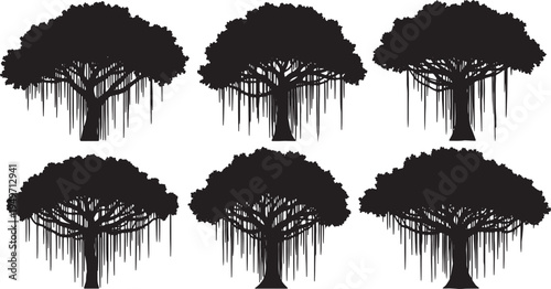 Black Solid Jungle Vine Tree Silhouettes Set of Six on White Background