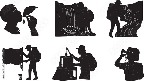 Black Solid Silhouettes of Explorers Finding Water in the Jungle