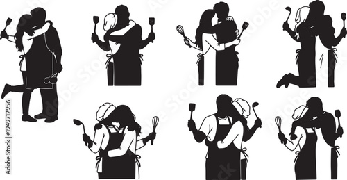 Black Solid Kitchen Cooking Couple Hugs Set of Six on White Background
