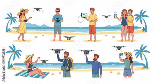 Set of People Using Drones on a Tropical Beach, Flat Vector Illustration of Summer Activities and Technology Gadgets