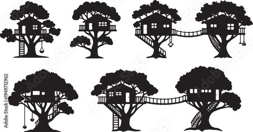 Black Solid Kids Tree House Silhouettes Set of Six on White Background
