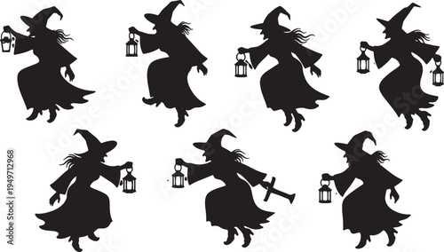 Black Solid Lantern Carrying Witch Silhouettes Set of Six on White Background