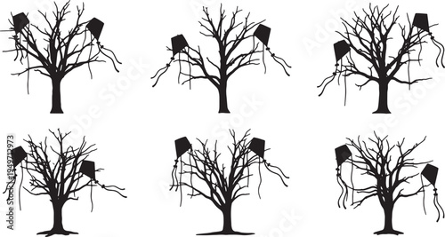 Black Solid Kite Tangled Tree Silhouettes Set of Six on White Background