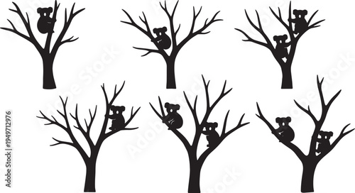 Black Solid Koala Tree Silhouettes Set of Six on White Background