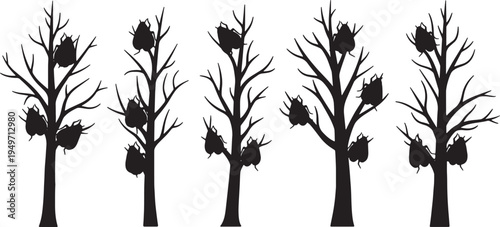 Black Solid Lantern Fly Tree Silhouettes Set of Six on White Background