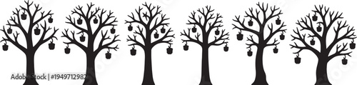 Black Solid Lantern Hanger Tree Silhouettes Set of Six on White Background