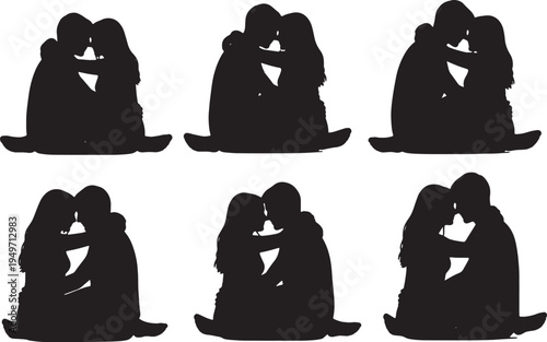 Black Solid Lap Sitting Intimate Hugs Set of Six on White Background