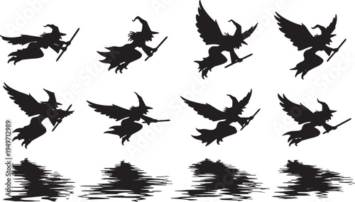 Black Solid Lake Flight Witch Silhouettes Set of Six on White Background