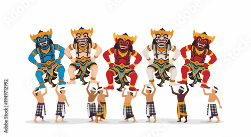 Illustration of Balinese men carrying giant colorful Ogoh-ogoh demon statues during a traditional religious parade in Bali, Indonesia.