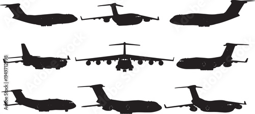 Black Solid Large Military Transport Aircraft Silhouettes Set of Six on White Background