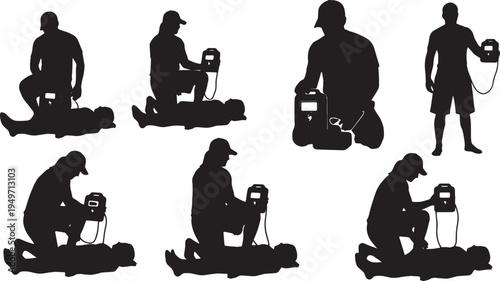 Black Solid Lifeguard Using Portable Defibrillator AED Silhouettes Set of Six on White Background