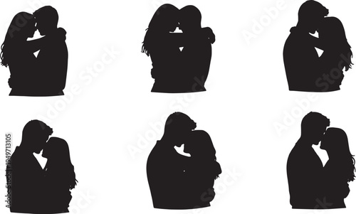 Black Solid Library Bookshelf Couple Hugs Set of Six on White Background