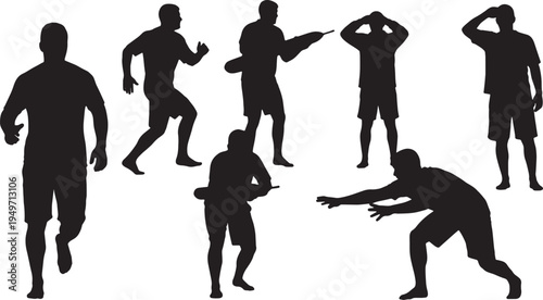 Black Solid Lifeguard Active Stance Silhouettes Set of Six on White Background