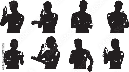 Black Solid Lifeguard Applying Sunscreen Silhouettes Set of Six on White Background
