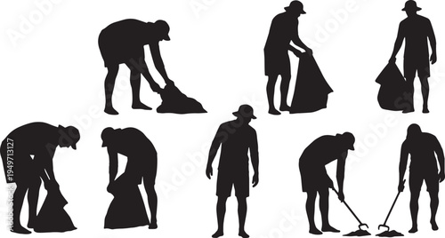 Black Solid Lifeguard Conducting Beach Clean-up Silhouettes Set of Six on White Background