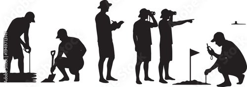 Black Solid Lifeguard Assisting with Beach Erosion Monitoring Silhouettes Set of Six on White Background