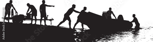 Black Solid Lifeguard Assisting with Boat Launching Silhouettes Set of Six on White Background