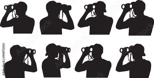 Black Solid Lifeguard Binoculars Silhouettes Set of Six on White Background