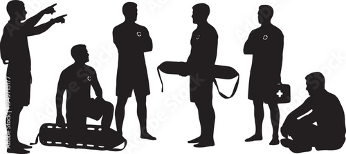 Black Solid Lifeguard Conducting Debrief After Rescue Silhouettes Set of Six on White Background