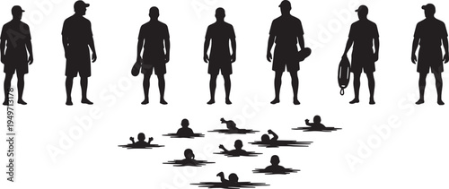 Black Solid Lifeguard Observing Children Swimming Silhouettes Set of Six on White Background
