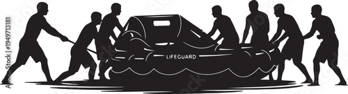 Black Solid Lifeguard Deploying Life Raft Silhouettes Set of Six on White Background