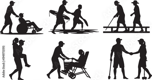 Black Solid Lifeguard Assisting Disabled Beach Visitors Silhouettes Set of Six on White Background