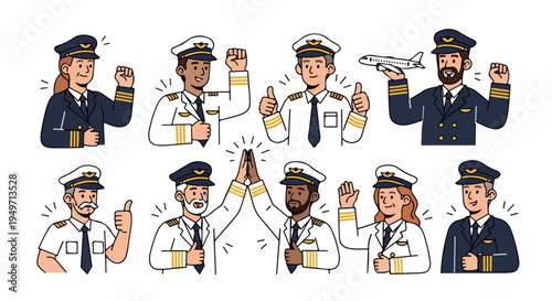 Diverse set of professional airline pilot characters in uniform showing various positive gestures like thumbs up, high five, and success, vector illustration.