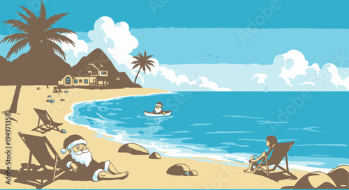 Santa beach vector illustration for tropical Christmas vacation