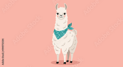 Adorable white llama character wearing a blue patterned bandana with a cool pattern standing against a soft pink background.