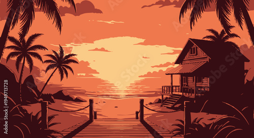 Tropical santa beach vector sunset landscape with hut