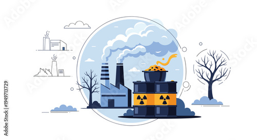 Environmental pollution concept illustration featuring smoking factory chimneys and barrels of radioactive nuclear waste.