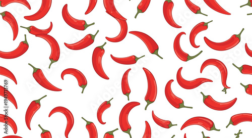 Bold and spicy seamless pattern featuring many red chili peppers scattered in various directions on a white background.